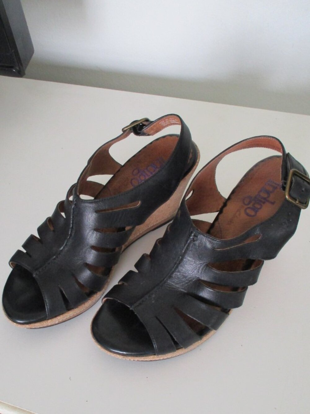Clarks Indigo Womens Black Leather Slingback Cork Platform 2.5" Wedge Heel - 9M